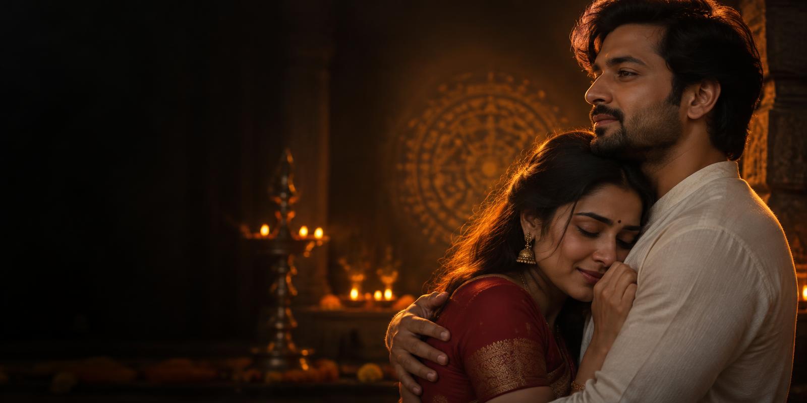Young Indian couple sharing an emotional reunion embrace in warm lamp light