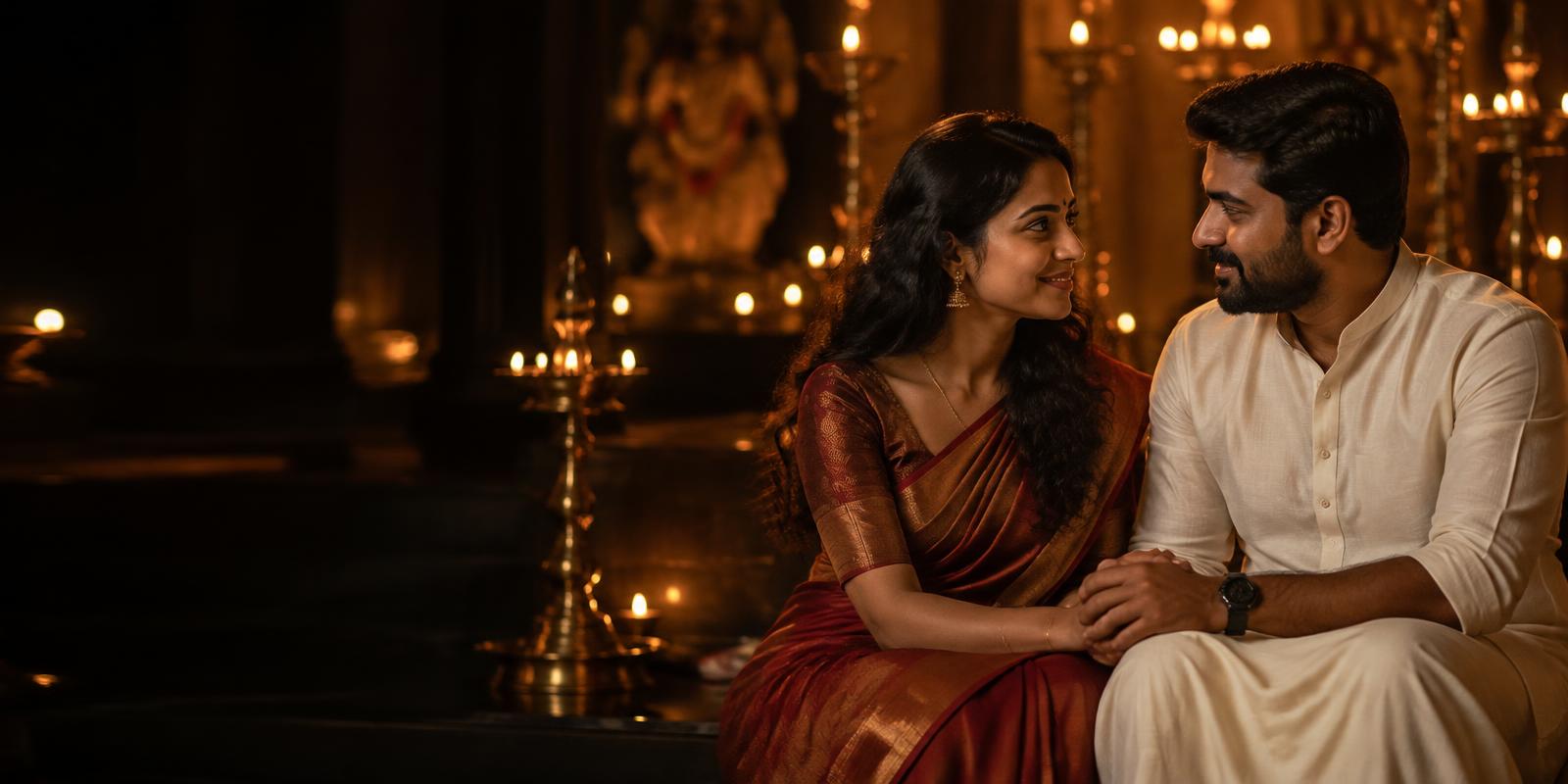 Young Indian couple holding hands beside glowing brass lamps